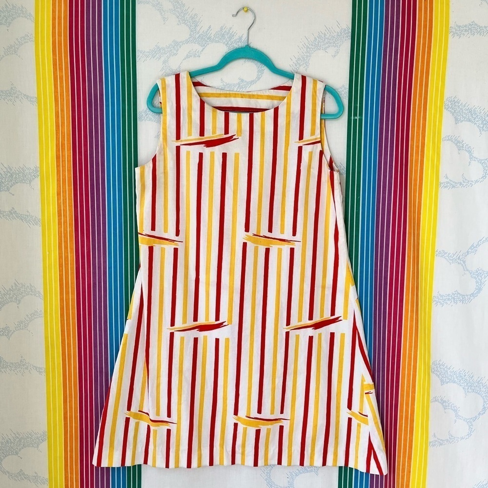VINTAGE red yellow white stripe cotton shift dress medium large McDonalds party
